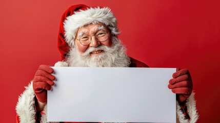 Naklejka premium Festive Santa Claus with Blank Sign Against Red Background