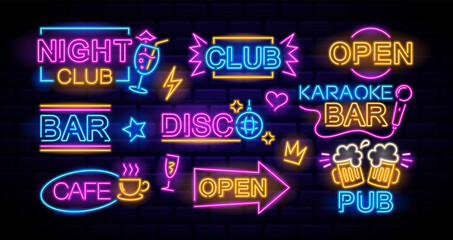 Colorful Retro Neon Signs With Various Text And Symbols For Bar, Nightclub, Disco, Cafe And Pub. Party And Nightlife © Pavlo Syvak
