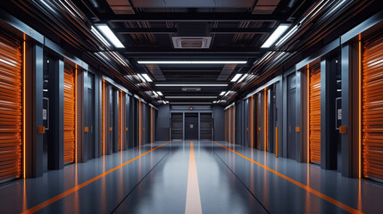 Fototapeta premium A corridor of a modern storage facility with multiple orange roll-up doors on either side and bright overhead lighting.