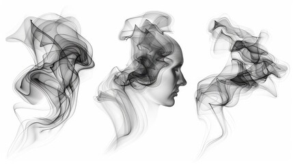 Ethereal Black Smoke Plumes on White Background