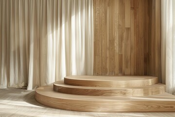 Peaceful scene with a simple wooden stage bathed in natural light from sheer curtains