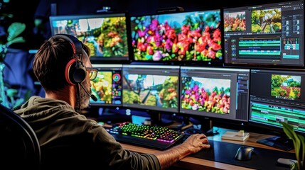 Person working on video editing with multiple monitors displaying vibrant scenes in a modern workspace environment.