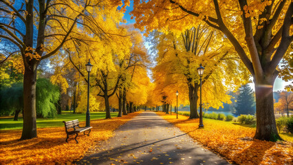 Sunlit Autumn Forest with Falling Leaves