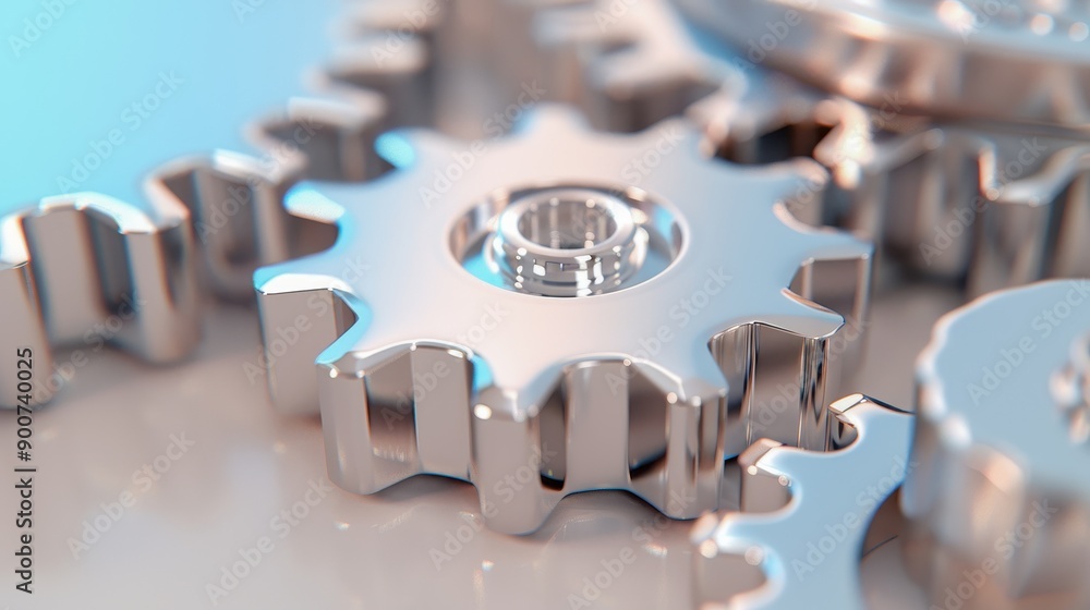 Poster close-up of shiny metallic gears interlocking, showcasing precision engineering and intricate design