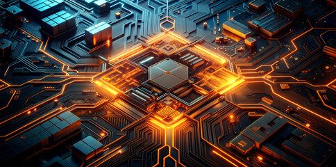 glowing orange  computer board in dark background with processor close-up, high-tech digital design,  International Programmers' Day, World Science Day, Techies Day