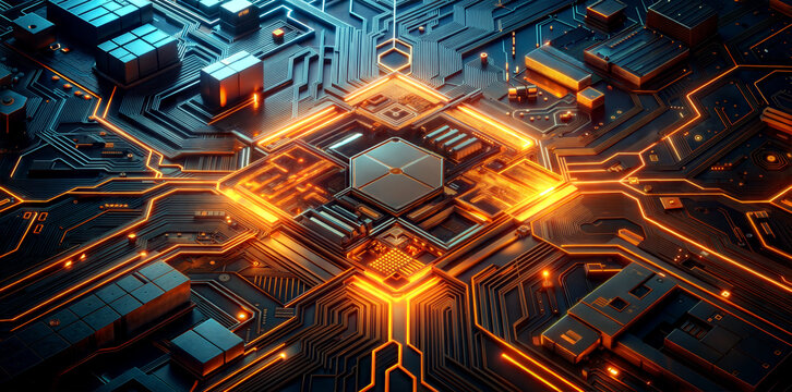 glowing orange  computer board in dark background with processor close-up, high-tech digital design,  International Programmers' Day, World Science Day, Techies Day - Powered by Adobe