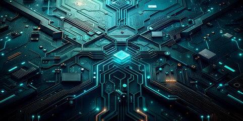 computer board with processor close-up and teal lighting, abstract technology background,  International Programmers' Day, World Science Day, Techies Day
