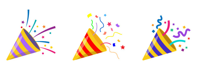 Set confetti party popper icon, fireworks logo, cap, flat design. Vector illustration isolated on white background.