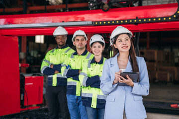 A group of workers wearing safety gear stand in front of a red machine