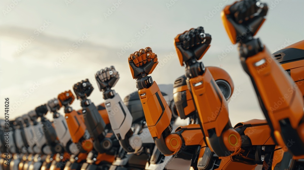 Poster A row of robots with raised fists symbolizing collective action or protest, showcasing various colors and designs, primarily orange and grey.