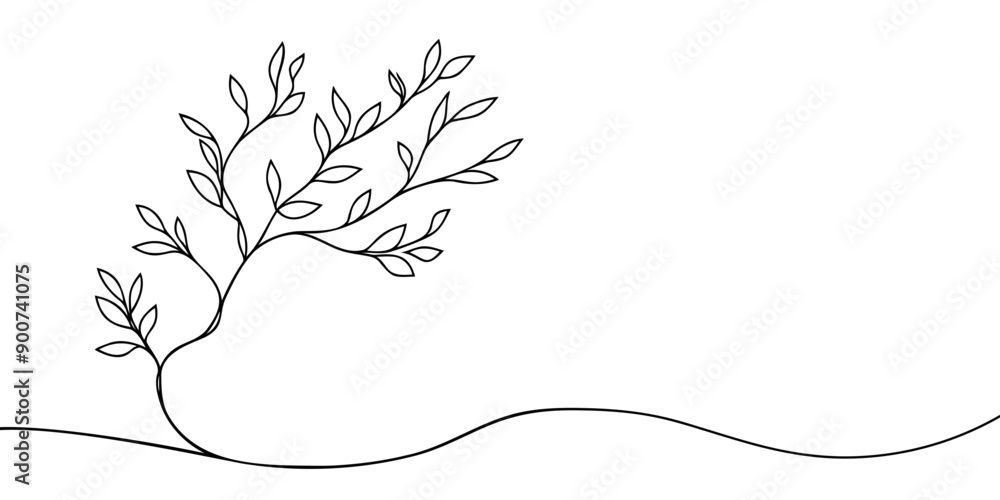 Wall mural tree branch with leaves. one line continuous branch and leaves. line art isolated branch. outline ve