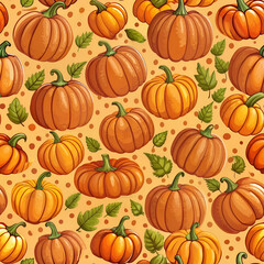 Seamless pattern with yellow and orange pumpkins with leaves on a beige background