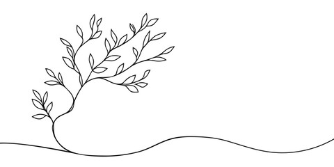 Tree branch with leaves. One line continuous branch and leaves. Line art isolated branch. Outline vector illustration. © Vasyl Yurlov
