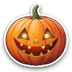 Sticker with an image of an evil pumpkin in orange tones on a white background