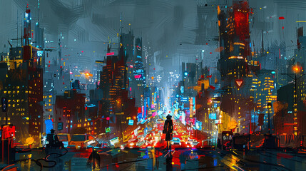 Vibrant Nighttime Cityscape with Colorful Lights and Silhouetted Figures in Futuristic Urban Setting, Digital Painting