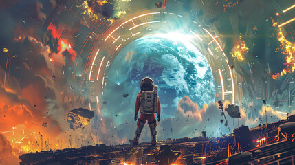 Astronaut Facing Futuristic Portal to Earth, Sci-Fi Scene in Space with Cosmic Elements and Explosions, Digital Art Illustration, Surreal and Epic Concept of Space Exploration