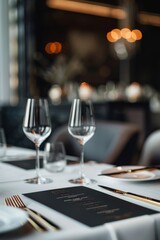 Obraz premium Fine dining table setting in a luxurious restaurant, with menu invitation card mockup for weddings