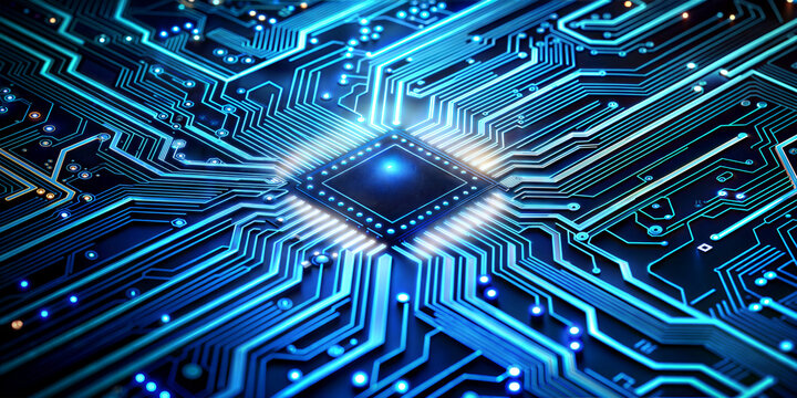 blue circuit board close-up with glowing chip,  tech background, International Programmers' Day, World Science Day, National Techies Day