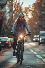 Obraz premium Woman cycling to work, perfect for wide banner