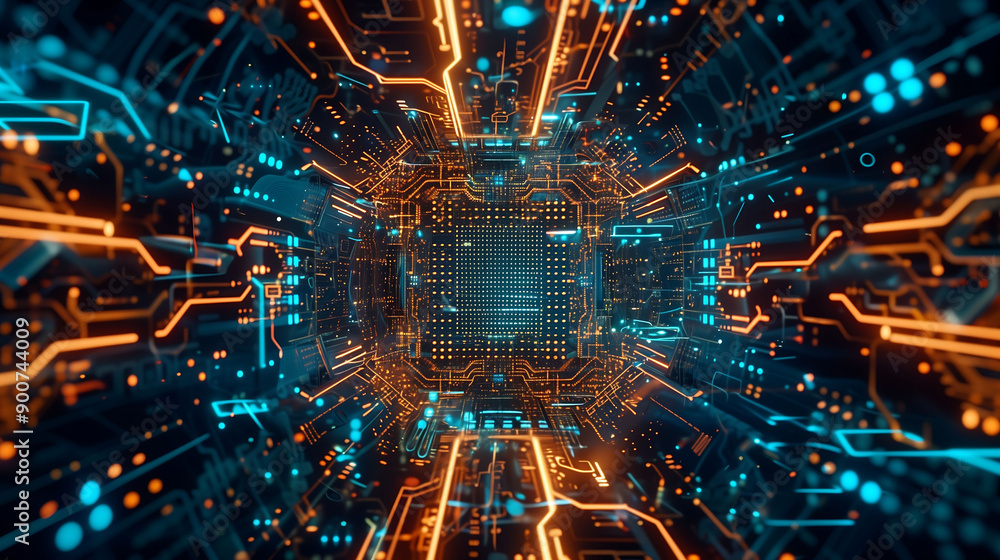 Poster 3d rendering of futuristic blue circuit board. generative ai