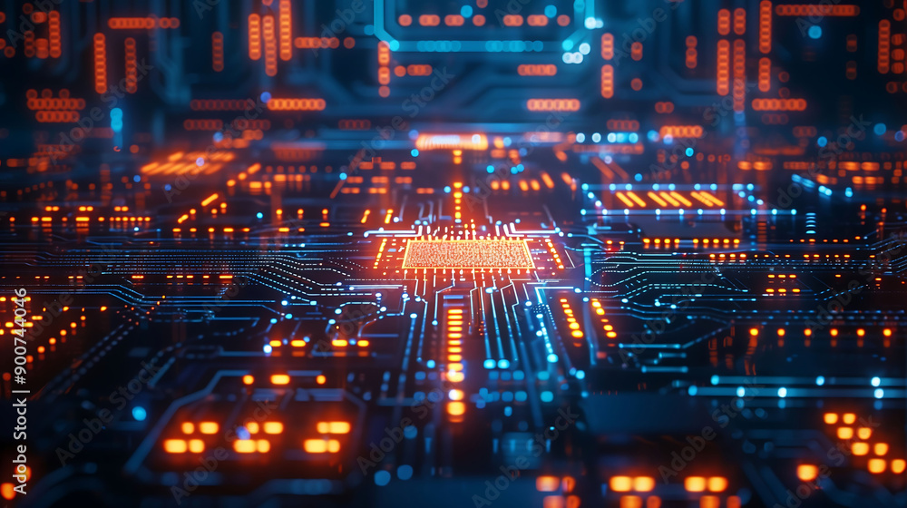 Poster 3d rendering of futuristic blue circuit board. generative ai