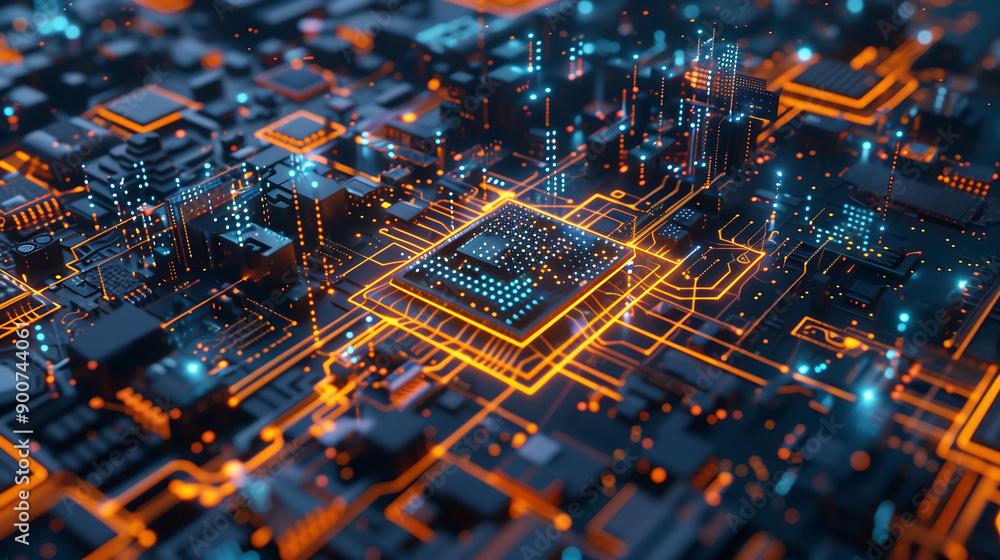 Poster 3d rendering of futuristic blue circuit board. generative ai