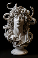 A bust of Medusa in detailed white marble with snake hair, set against a black background