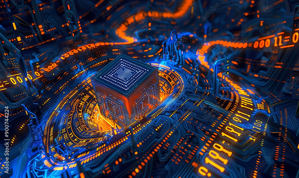 Poster 3d rendering of futuristic blue circuit board. generative ai