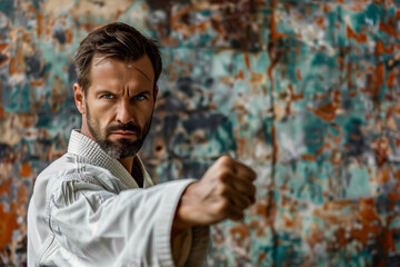 A Focused Martial Arts Master Prepares for a Strike in an Urban Setting