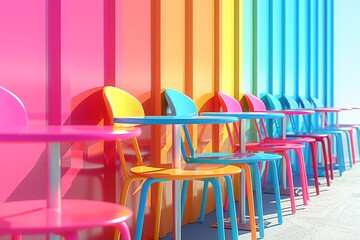 Modern outdoor cafe with colorful chairs, bright and cheerful ambiance, contemporary design, vibrant decor, sunny day, inviting street cafe, joyful atmosphere, stylish outdoor setting.
