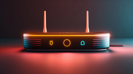 Modern wireless router with two antennas and illuminated LED indicators, featuring a sleek design and vibrant red and blue lighting effects.
