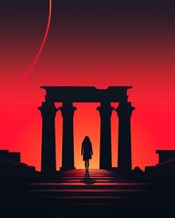 Fototapeta premium A Journey Through Time A Figure Gazes Upon Majestic Ancient Temple Celebrating Historical Architecture in Stunning Illustration
