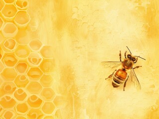 Golden honeycomb with bees busily working