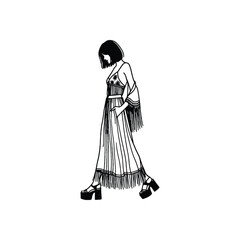 Fototapeta premium woman wearing retro fashion bohemian maxi dress with fringe details and platform sandals