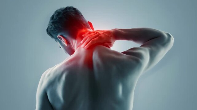 man hands clutching  neck in red glow of  pain emphasizing  discomfort in cervical spine area