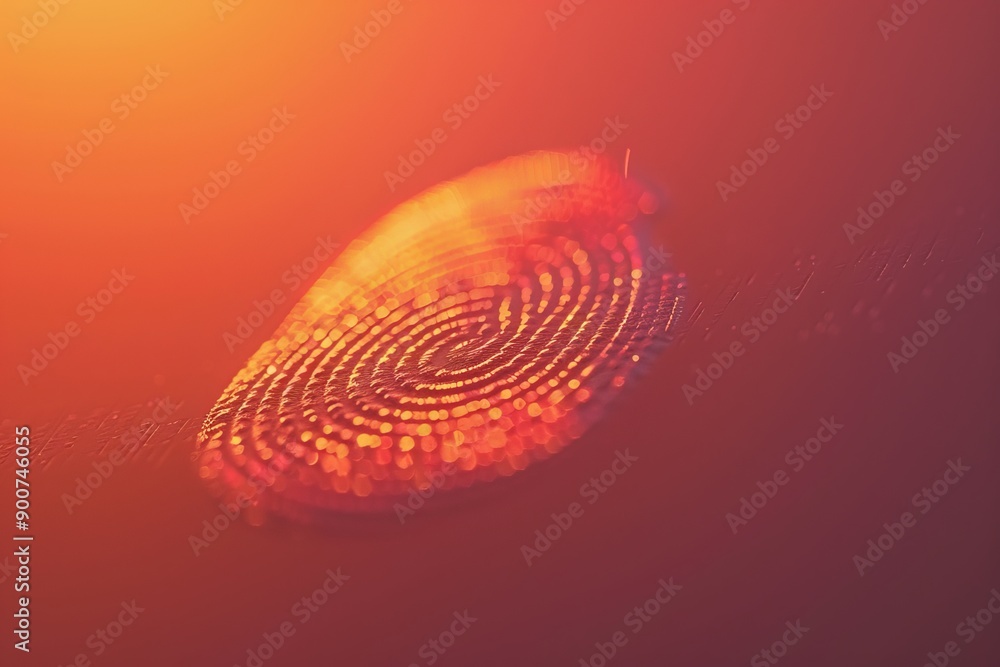 Poster glowing digital fingerprint in red on a gradient background symbolizing biometric technology and dat
