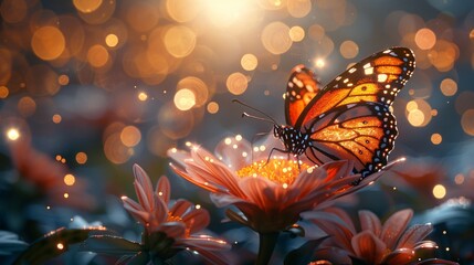 Butterfly with radiant flower, golden light, mist-kissed leaves, showcasing tech and nature connection