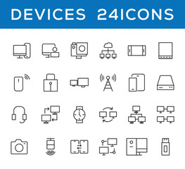 Device and technology line icon set. Electronic devices and gadgets, computer, equipment and electronics. Computer monitor, smartphone, tablet and laptop simple icon collections