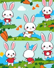 Obraz premium bunnies playing in lush green grass with orange flowers, carrots, and a blue sky overhead. Ideal for Easterthemed designs.