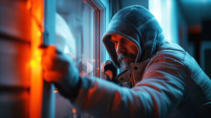Man in hooded jacket and gloves attempting to pry open a window at night, illuminated by blue and orange lighting.