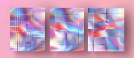 Three panels displaying vibrant holographic patterns with a distorted grid overlay