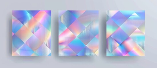 Three panels depict shimmering holographic patterns with geometric shapes