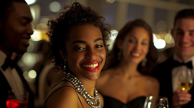 A stylish woman smiles confidently at a glamorous party, surrounded by elegant friends, creating a vibrant atmosphere of celebration and joy. 