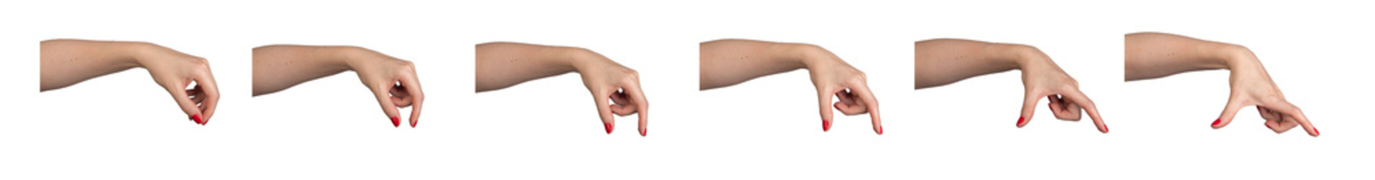 Women hands holding something invisible, empty space between two fingers in red varnish, measuring different sizes, isolated on white background.., transparent PNG
