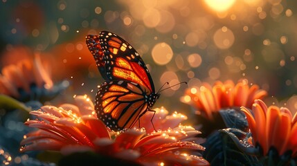 Butterfly on a vibrant flower with golden hour misty leaves, tech-nature integration