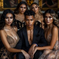 Obraz premium A glamorous group of five stylishly dressed individuals poses together in an elegant indoor setting, showcasing fashion and sophistication.Old money aesthetic. 