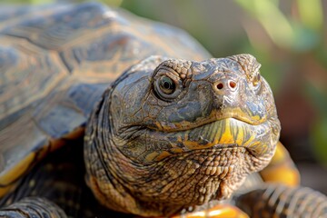 Striking close-up of a turtle, vivid and detailed reptile portrait, sharp focus, colorful shell pattern, bright and clear light, natural outdoor background, fascinating exotic pet.