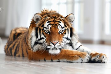 Obraz premium Majestic tiger lounging with intense gaze, powerful and serene expression, detailed fur texture, bright and clear light, natural indoor background, impressive and magnificent animal.