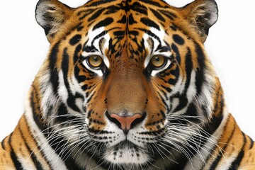 Naklejka premium Fierce tiger with intense gaze, powerful and majestic predator portrait, detailed fur texture, bright and clear light, isolated white background, impressive and wild animal.