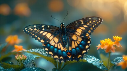 Obraz premium Golden hour butterfly, colorful flower, mist on leaves, blending technology and nature